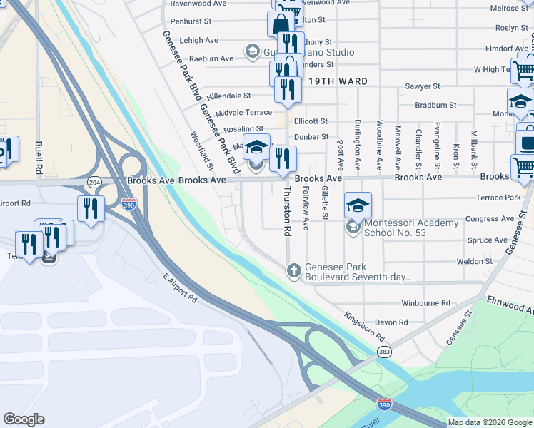 map of restaurants, bars, coffee shops, grocery stores, and more near 72 Brookdale Avenue in Rochester