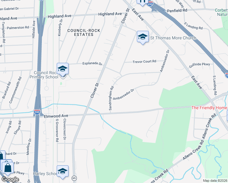 map of restaurants, bars, coffee shops, grocery stores, and more near 289 Sandringham Rd in Rochester