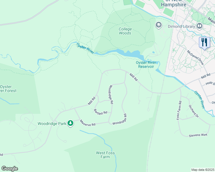 map of restaurants, bars, coffee shops, grocery stores, and more near 8 Woodridge Road in Durham