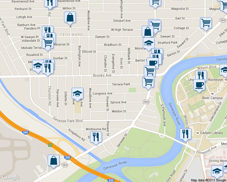 map of restaurants, bars, coffee shops, grocery stores, and more near 148 Congress Avenue in Rochester