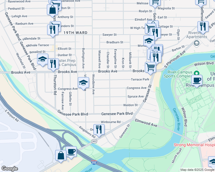 map of restaurants, bars, coffee shops, grocery stores, and more near 218 Congress Avenue in Rochester