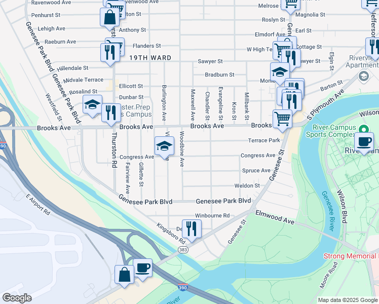 map of restaurants, bars, coffee shops, grocery stores, and more near 272 Congress Avenue in Rochester