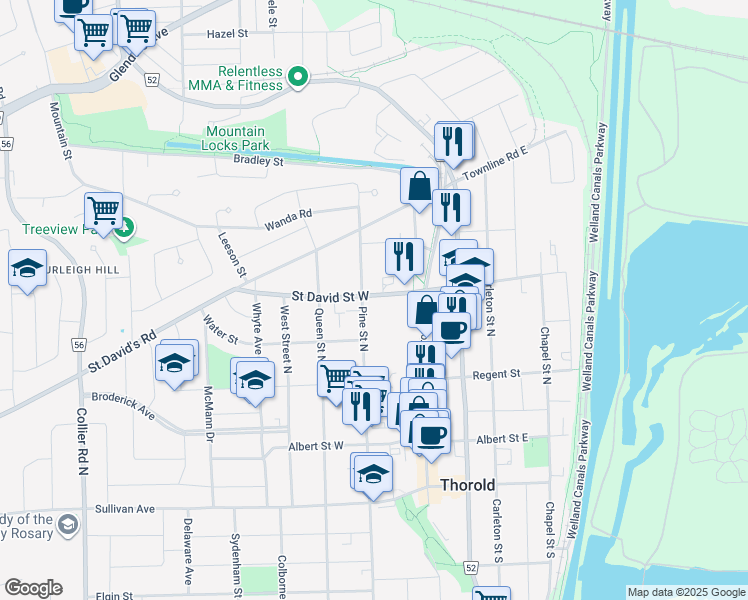 map of restaurants, bars, coffee shops, grocery stores, and more near 19 Saint David Street West in Thorold