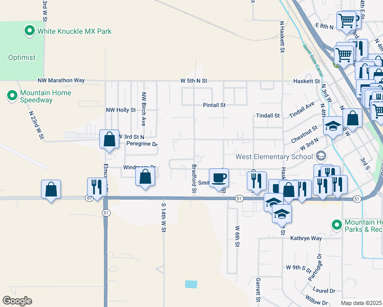 map of restaurants, bars, coffee shops, grocery stores, and more near 345 Bradford Street in Mountain Home