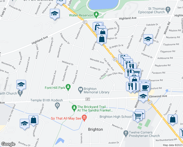 map of restaurants, bars, coffee shops, grocery stores, and more near 36 Sonora Parkway in Rochester