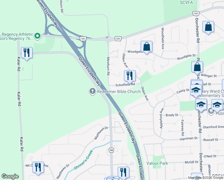 map of restaurants, bars, coffee shops, grocery stores, and more near 7591 Scholfield Road in Niagara Falls