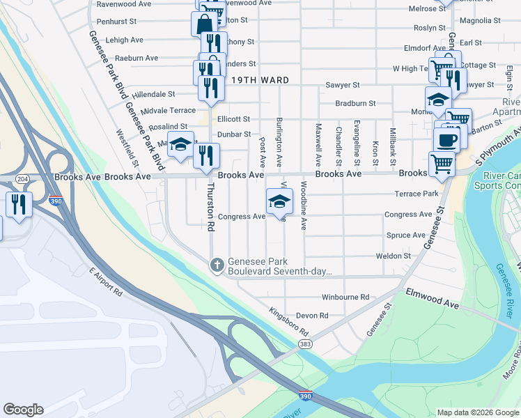map of restaurants, bars, coffee shops, grocery stores, and more near 811 Post Avenue in Rochester