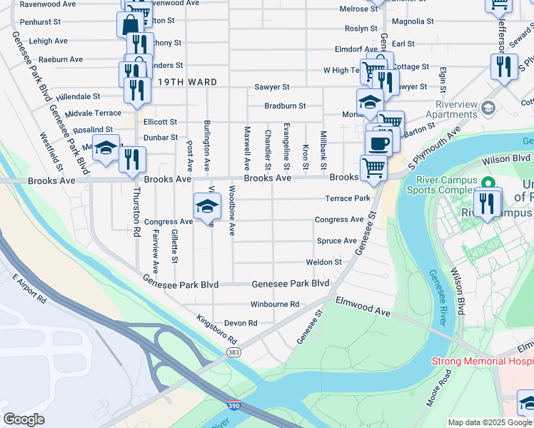 map of restaurants, bars, coffee shops, grocery stores, and more near 218 Congress Avenue in Rochester