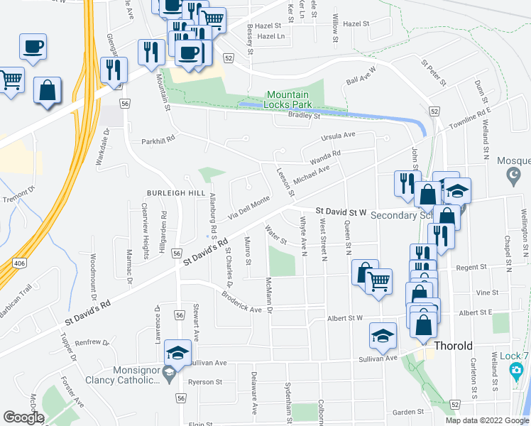 map of restaurants, bars, coffee shops, grocery stores, and more near 88 Saint David's Road in Saint Catharines