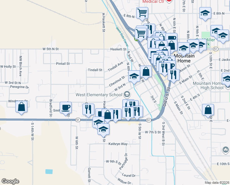 map of restaurants, bars, coffee shops, grocery stores, and more near 503 West 3rd North in Mountain Home