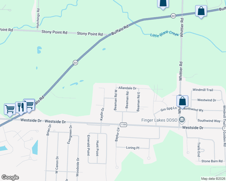 map of restaurants, bars, coffee shops, grocery stores, and more near 20 Beaman Road West in Monroe County