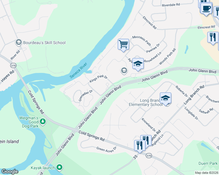 map of restaurants, bars, coffee shops, grocery stores, and more near 162 John Glenn Boulevard in Liverpool