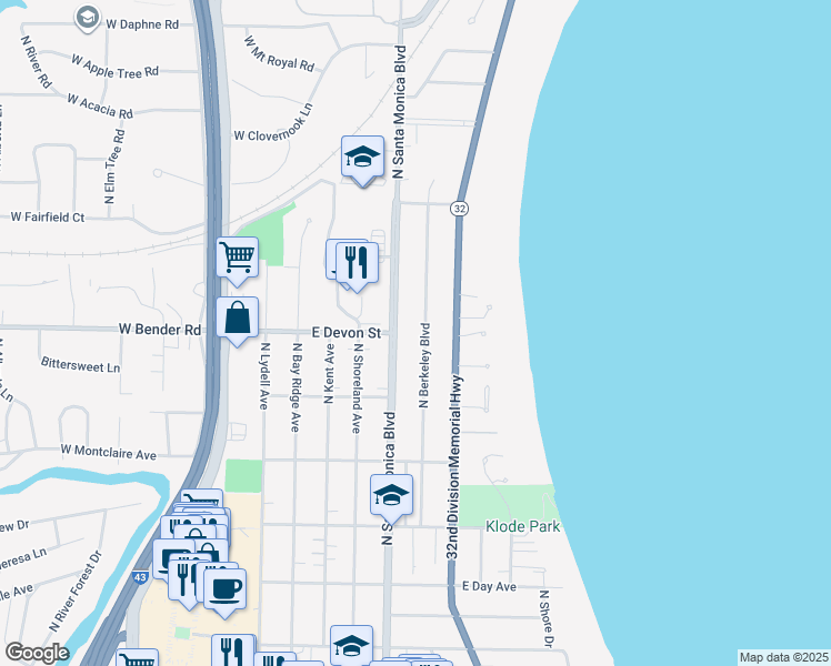 map of restaurants, bars, coffee shops, grocery stores, and more near 6200 North Santa Monica Boulevard in Whitefish Bay