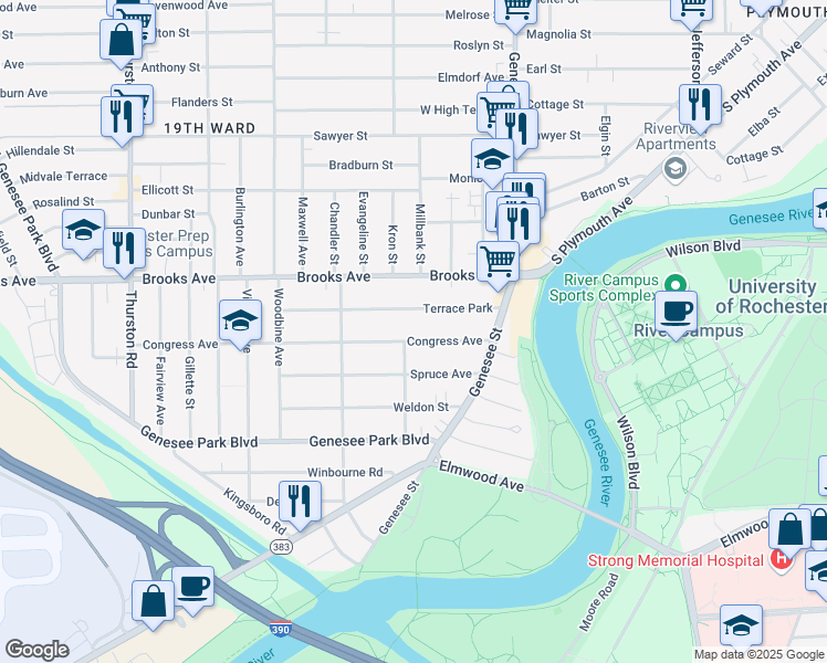 map of restaurants, bars, coffee shops, grocery stores, and more near 106 Congress Avenue in Rochester