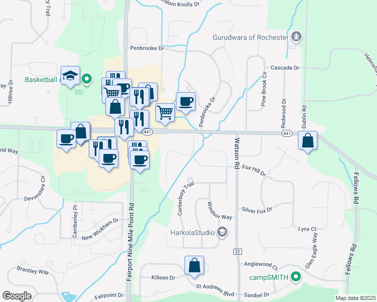 map of restaurants, bars, coffee shops, grocery stores, and more near 24 Braunston Drive in Fairport