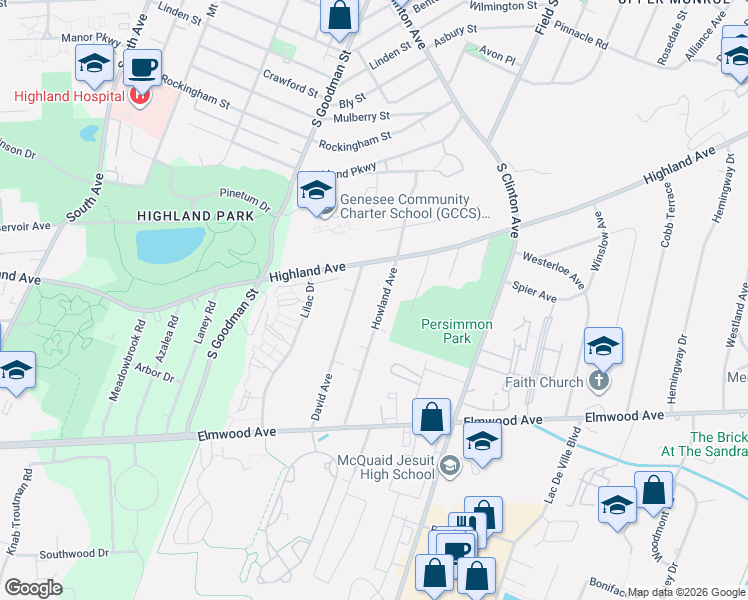 map of restaurants, bars, coffee shops, grocery stores, and more near 185 Howland Avenue in Rochester