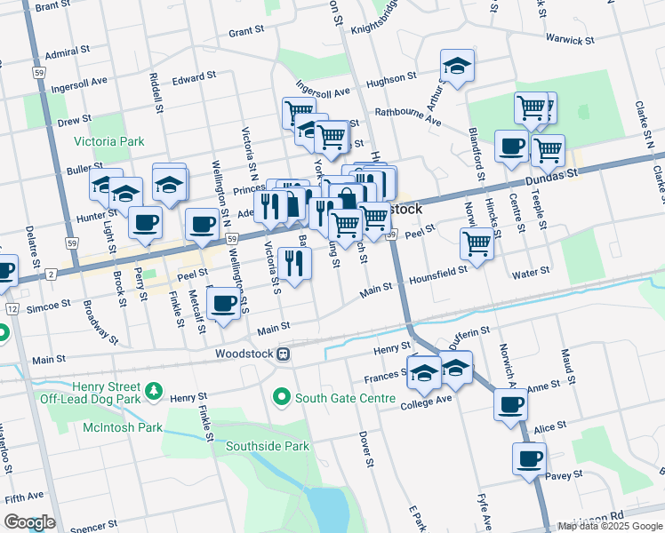 map of restaurants, bars, coffee shops, grocery stores, and more near 44 Young Street in Woodstock