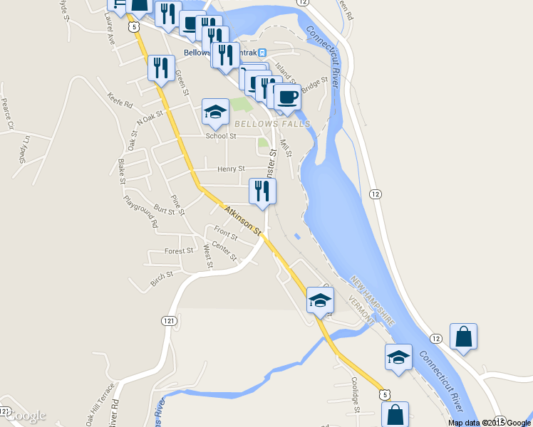 map of restaurants, bars, coffee shops, grocery stores, and more near Westminster Street in Town of Rockingham