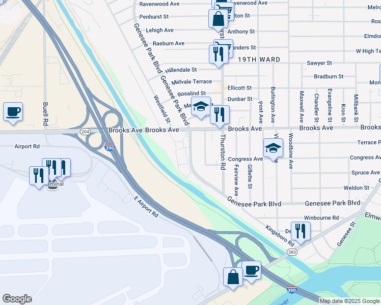 map of restaurants, bars, coffee shops, grocery stores, and more near 610 Genesee Park Boulevard in Rochester