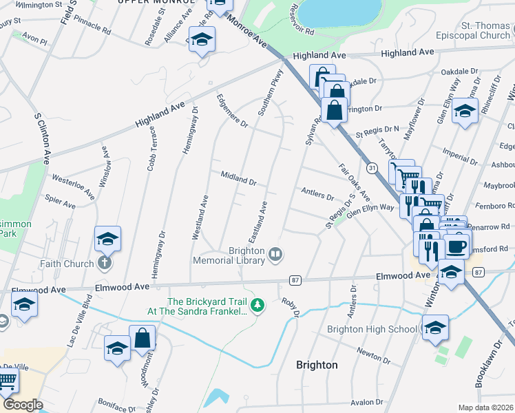 map of restaurants, bars, coffee shops, grocery stores, and more near 109 Eastland Avenue in Rochester