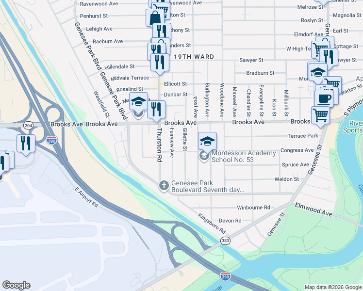 map of restaurants, bars, coffee shops, grocery stores, and more near 65 Gillette Street in Rochester