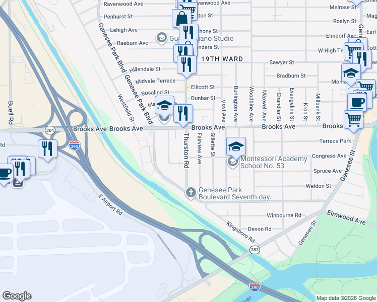 map of restaurants, bars, coffee shops, grocery stores, and more near 764 Thurston Road in Rochester