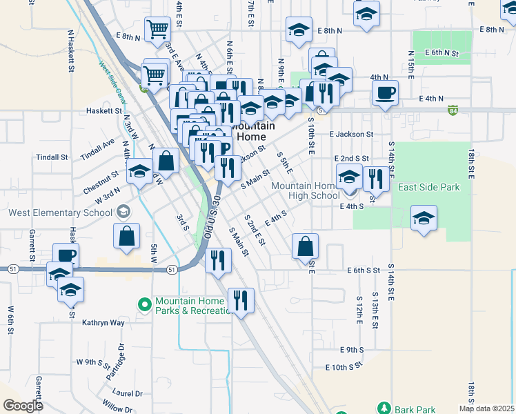map of restaurants, bars, coffee shops, grocery stores, and more near 315 South 3rd East Street in Mountain Home