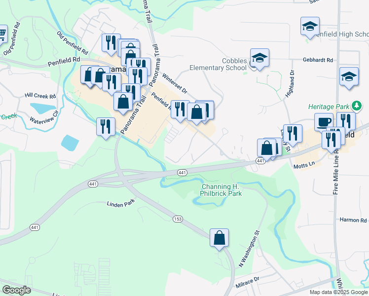 map of restaurants, bars, coffee shops, grocery stores, and more near 1689 Penfield Road in Rochester