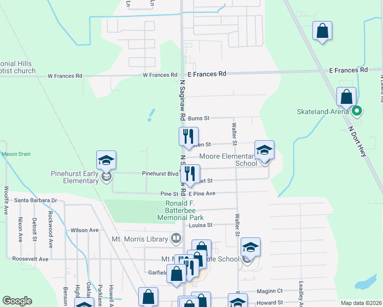 map of restaurants, bars, coffee shops, grocery stores, and more near 8372 North Saginaw Road in Mount Morris