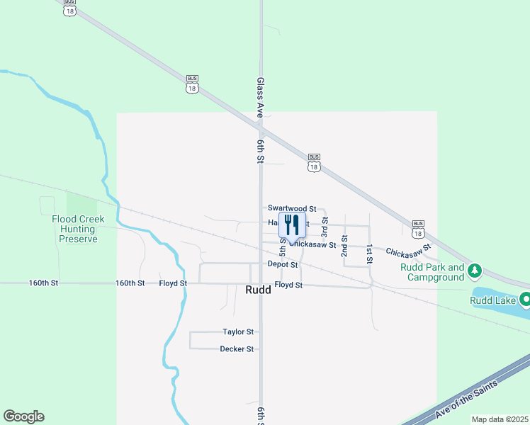 map of restaurants, bars, coffee shops, grocery stores, and more near 302 6th Street in Rudd