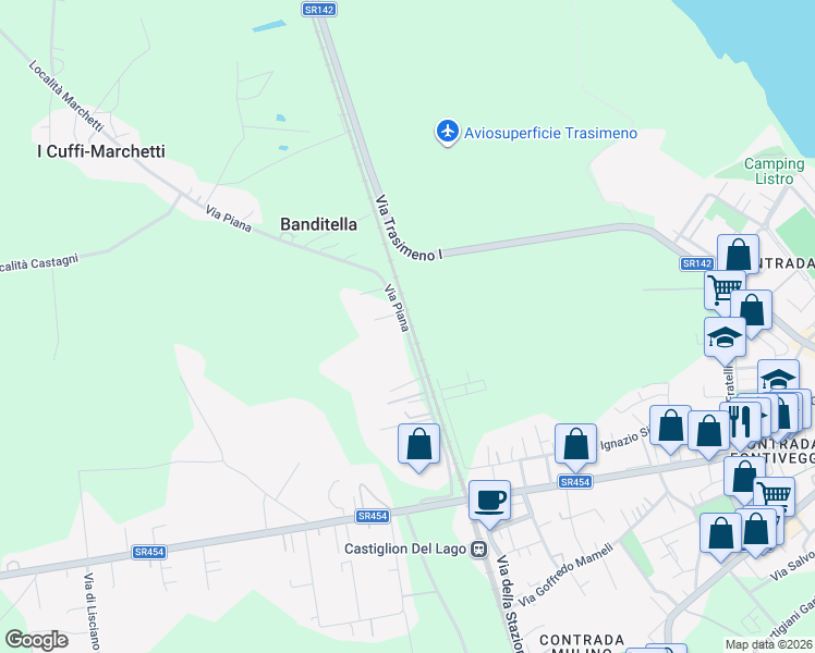 map of restaurants, bars, coffee shops, grocery stores, and more near 13 Via Piana in Castiglione del Lago