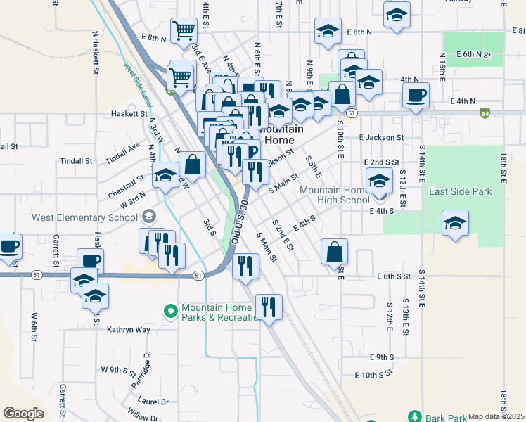 map of restaurants, bars, coffee shops, grocery stores, and more near 255 South 2nd East Street in Mountain Home