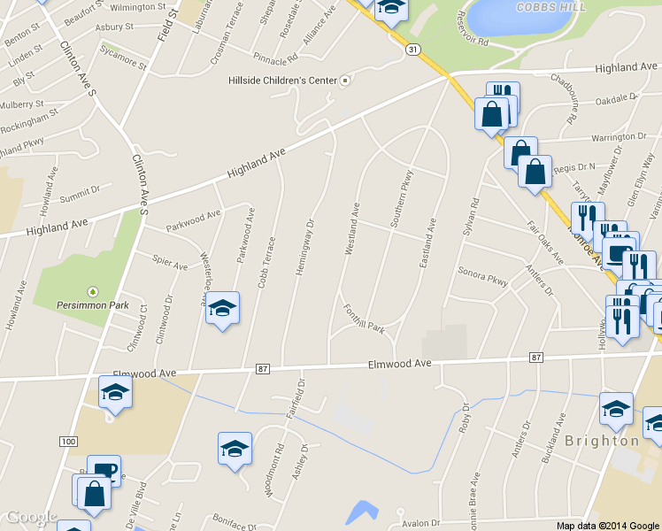 map of restaurants, bars, coffee shops, grocery stores, and more near 109 Westland Avenue in Rochester