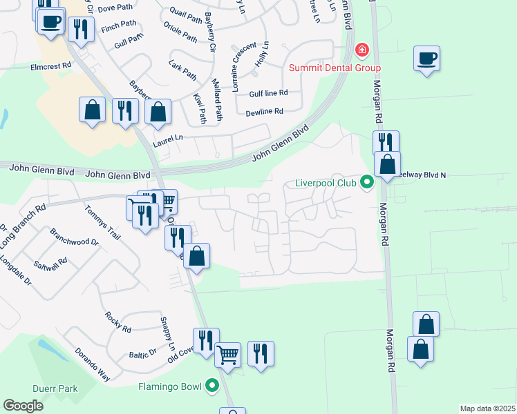 map of restaurants, bars, coffee shops, grocery stores, and more near 17 Candlelight Circle in Liverpool