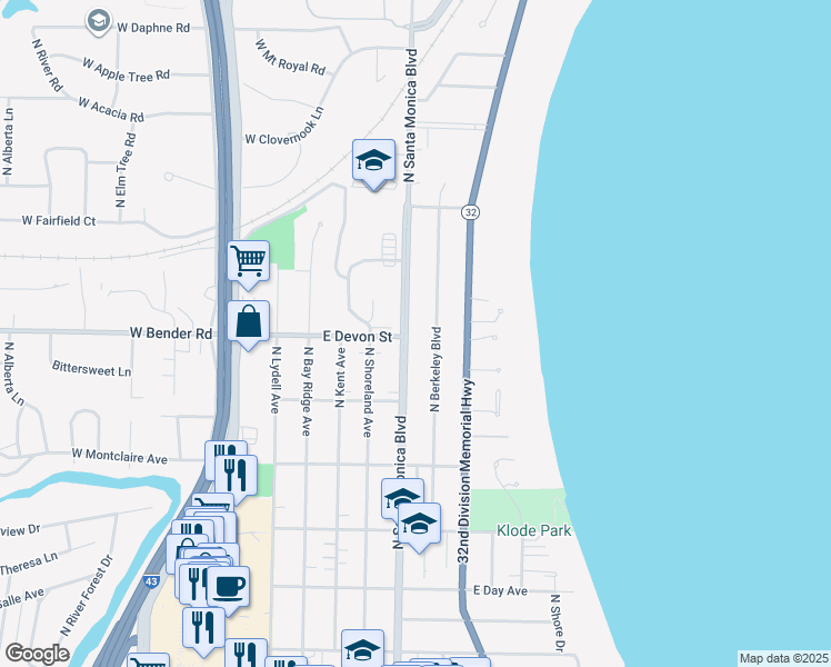 map of restaurants, bars, coffee shops, grocery stores, and more near 6200 North Santa Monica Boulevard in Whitefish Bay