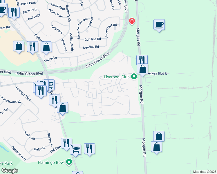 map of restaurants, bars, coffee shops, grocery stores, and more near Grampian Road in Liverpool
