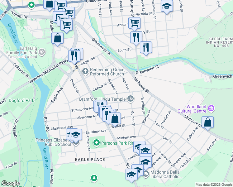 map of restaurants, bars, coffee shops, grocery stores, and more near Superior Street in Brantford