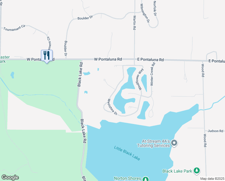 map of restaurants, bars, coffee shops, grocery stores, and more near 125 Woodslee Court in Norton Shores
