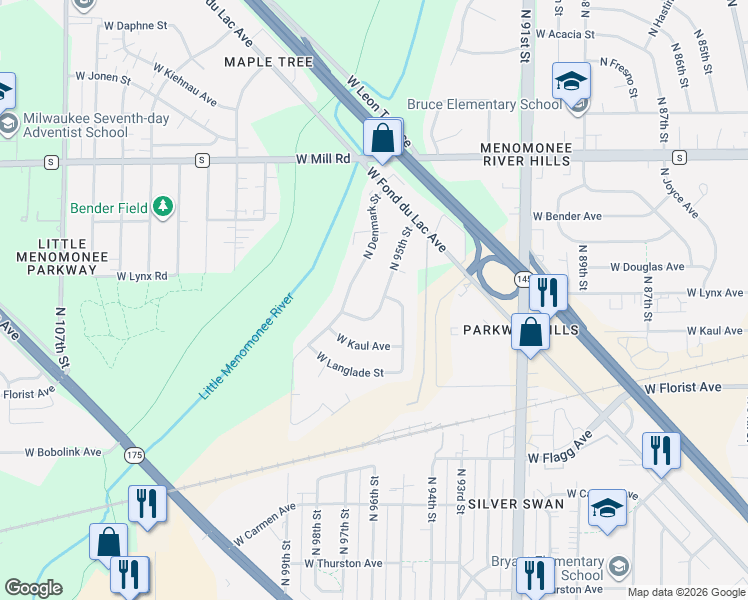 map of restaurants, bars, coffee shops, grocery stores, and more near 9500 W Rio St in Milwaukee