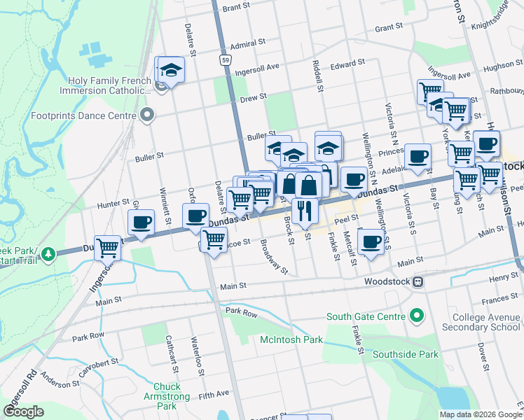 map of restaurants, bars, coffee shops, grocery stores, and more near 361 Dundas Street in Woodstock