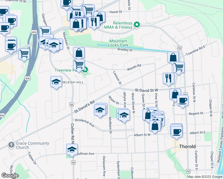 map of restaurants, bars, coffee shops, grocery stores, and more near 82 Saint David's Road in St. Catharines