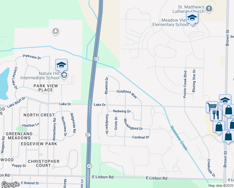 map of restaurants, bars, coffee shops, grocery stores, and more near 1199 Goldfinch Way in Oconomowoc