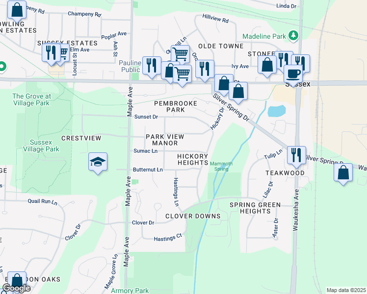 map of restaurants, bars, coffee shops, grocery stores, and more near N61W23754 Sumac Lane in Sussex