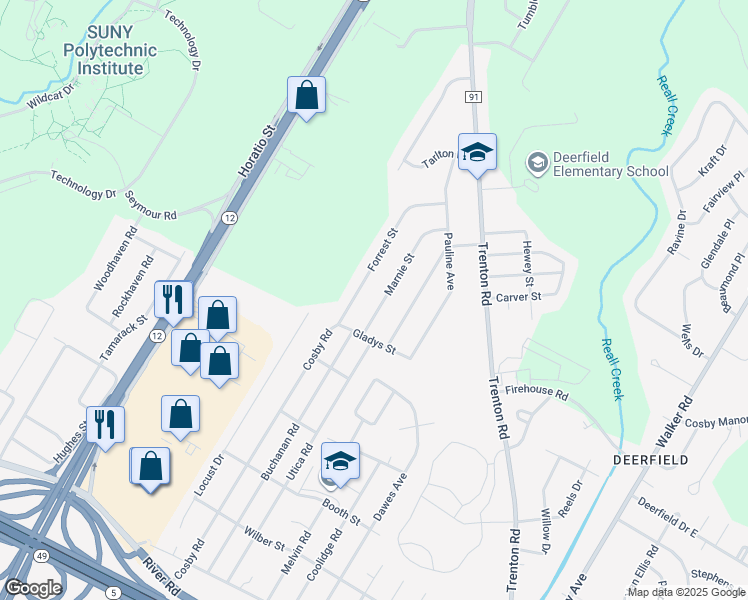 map of restaurants, bars, coffee shops, grocery stores, and more near 143 Marnie St in Utica