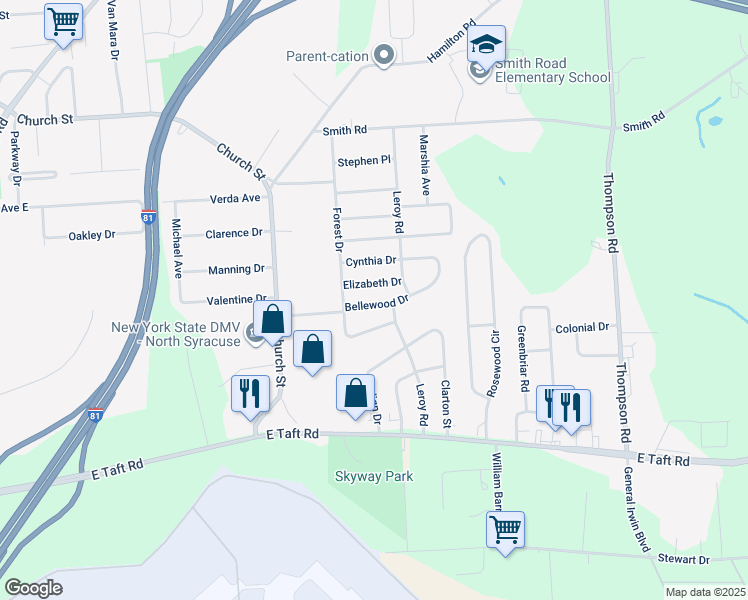 map of restaurants, bars, coffee shops, grocery stores, and more near 206 Bellewood Drive in North Syracuse