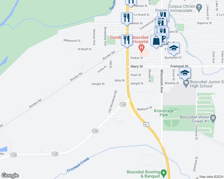 map of restaurants, bars, coffee shops, grocery stores, and more near 1502 Old Woodman Road in Boscobel