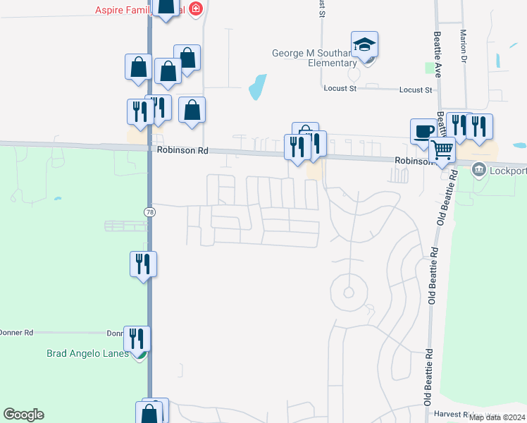 map of restaurants, bars, coffee shops, grocery stores, and more near 210 Whispering Pines Drive in Lockport