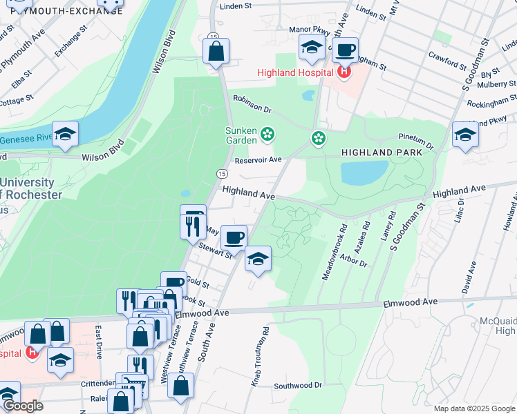 map of restaurants, bars, coffee shops, grocery stores, and more near 77 Highland Avenue in Rochester