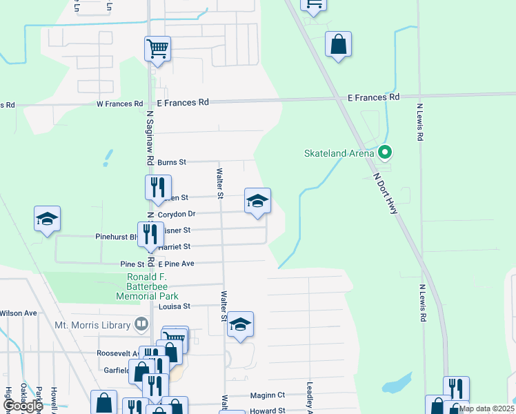 map of restaurants, bars, coffee shops, grocery stores, and more near 1179 Corydon Drive in Mount Morris