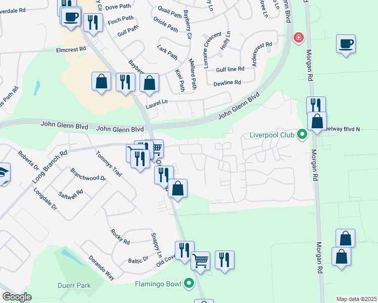 map of restaurants, bars, coffee shops, grocery stores, and more near 4309 Candlelight Lane in Liverpool